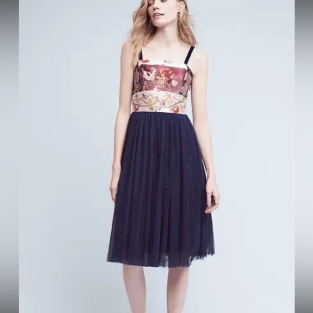 moulinette soeurs ANTHROPOLOGY embroidered size 14 navy blue A-line dress